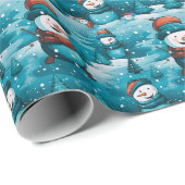 Snowmen Snowy Field Trees Blauer Weihnachten Geschenkpapier (Rolleneckpunkt)