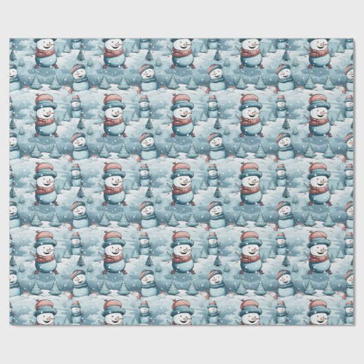 Snowmen Snowy Field Trees Ice Blauer Weihnachten Geschenkpapier (Flach)