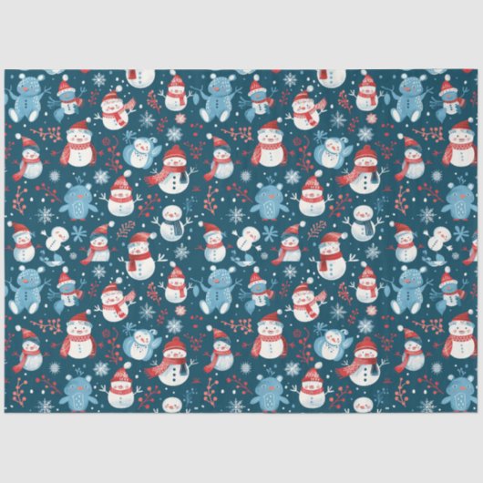 Snowmen Teddy Bears Snowflakes Grüne Weihnachten Seidenpapier (Vorderseite)