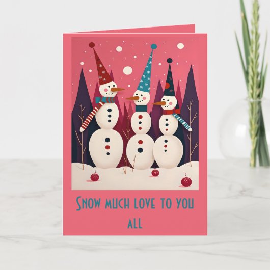 Snowmen Three Ice Men Pink Theme Kitschmas Karte (Vorderseite)