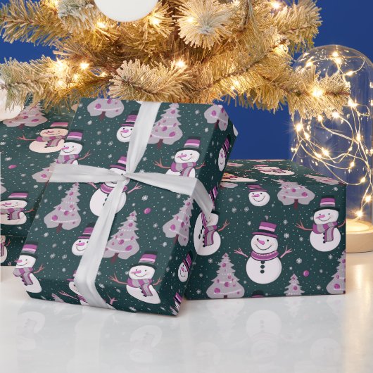 Snowmen Weihnachtsbaumen Schneeflocken Grüne Weihn Geschenkpapier (Feiertage)