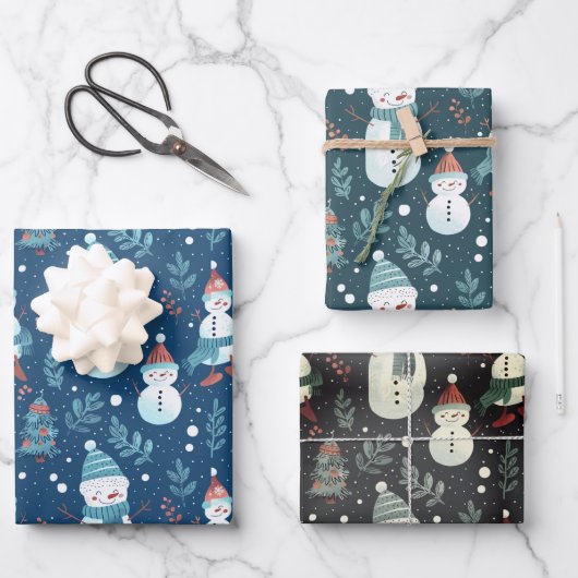 Snowmen Weihnachtsbaumen und Schneeflocken Weihnac Geschenkpapier Set (Vorderseite)