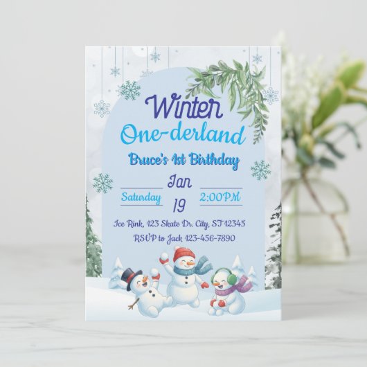 Snowmen Winter Einerland 1. Geburtstag Einladung (Stehend Vorderseite)