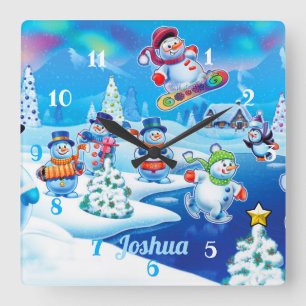 Snowmen Winter Wonderland. Large wall clock Quadratische Wanduhr