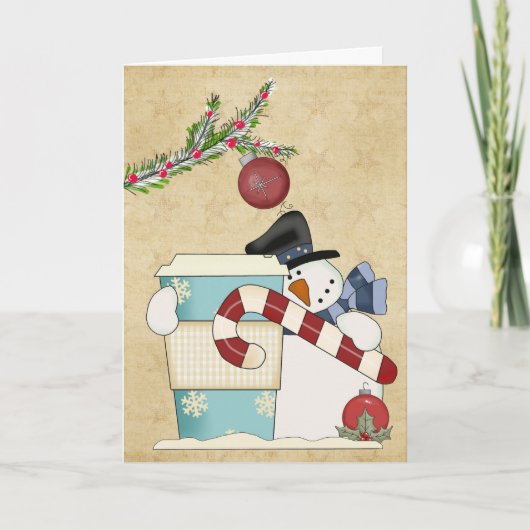 Snowmenj mit Kaffee Feiertagskarte (Vorderseite)
