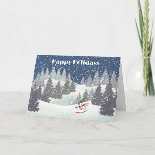 Snowmwan Skier und Winter Pines Feiertagskarte (Vorderseite)