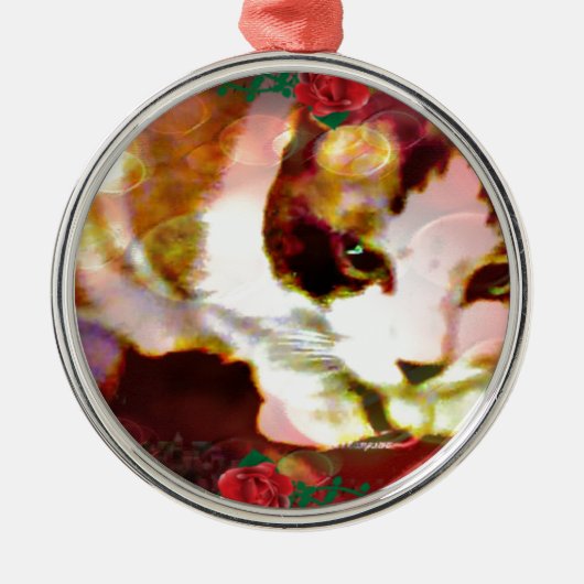 Snowshoe Kitty in den Roten Rosen Ornament Aus Metall (Vorne)