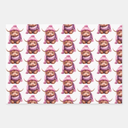 Snowy Adventure Pink Highland Cow Wrapping Paper Geschenkpapier Set (Vorderseite 2)
