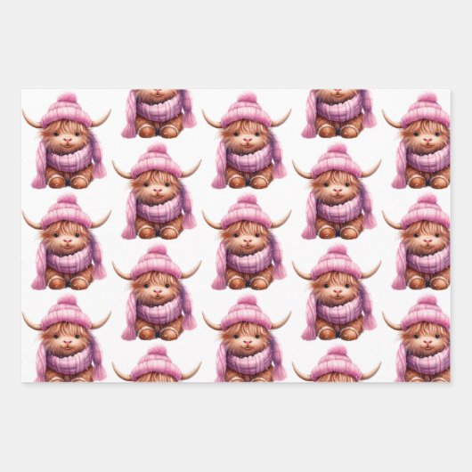 Snowy Adventure Pink Highland Cow Wrapping Paper Geschenkpapier Set (Vorderseite)