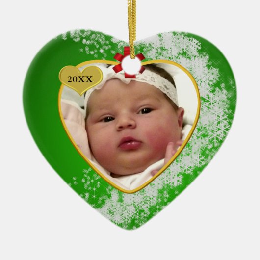 Snowy and Green Gold New Baby Foto Weihnachten Keramikornament (Vorne)