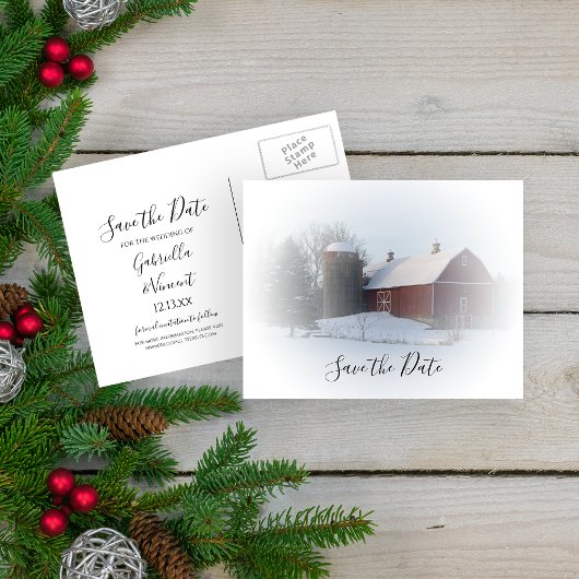 Snowy Barn und Silo Winter Wedding Save the Date Ankündigungspostkarte