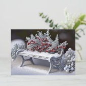 Snowy Bench mit Winterberry Sprigs Feiertagskarte (Stehend Vorderseite)