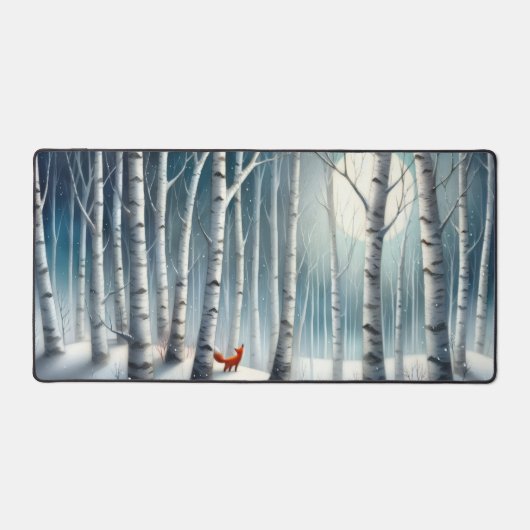 Snowy Birch Forest Desk Mat with Fox Schreibtischunterlage (Vorderseite)