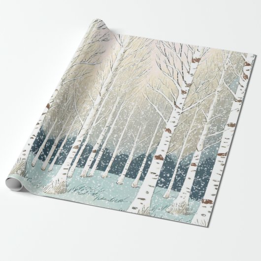 Snowy Birch Trees Weihnachten Aquamarin ID1003 Geschenkpapier (Ungerollt)