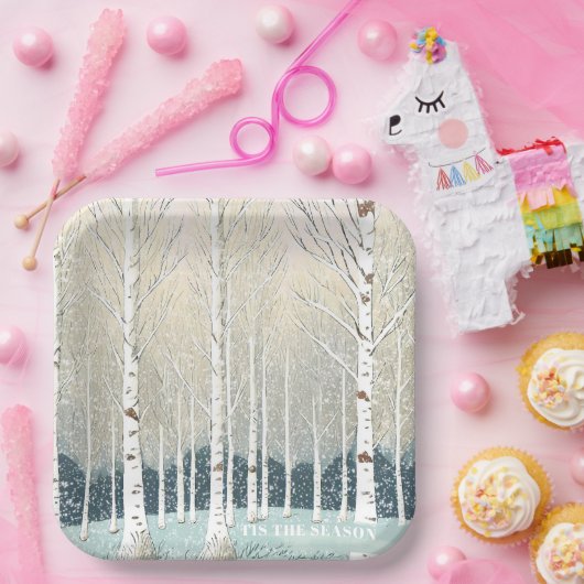 Snowy Birch Trees Weihnachten Aquamarin ID1003 Pappteller (Party)
