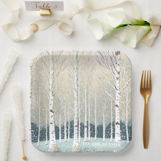 Snowy Birch Trees Weihnachten Aquamarin ID1003 Pappteller (Hochzeit)