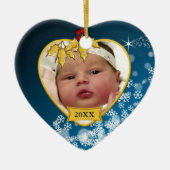 Snowy Blue and Gold Baby's 1. Weihnachtsjause Foto Keramik Ornament (Vorne)