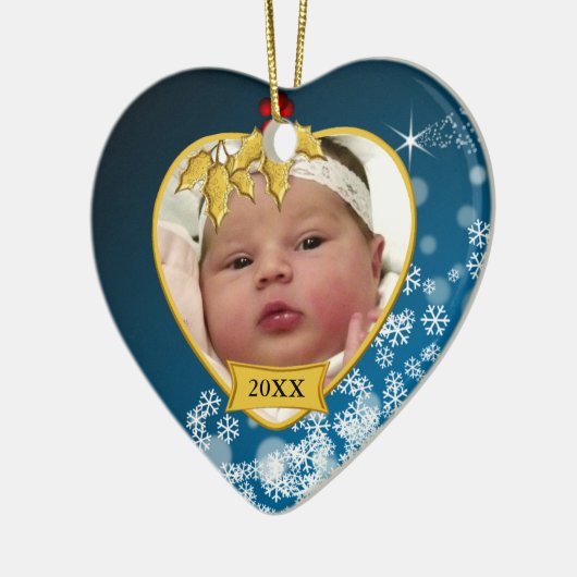 Snowy Blue and Gold Baby's 1. Weihnachtsjause Foto Keramik Ornament (Links)