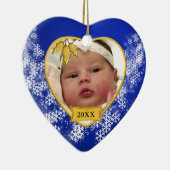 Snowy Blue Baby's First Christmas Foto Birth Info Keramikornament (Rechts)