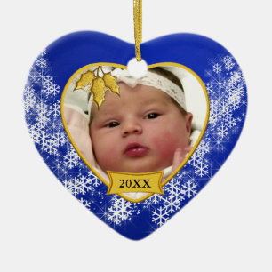 Snowy Blue Baby's First Christmas Foto Birth Info Keramikornament
