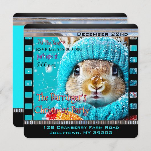 Snowy Blue Bunny Christmas Party Einladung (Vorne/Hinten)