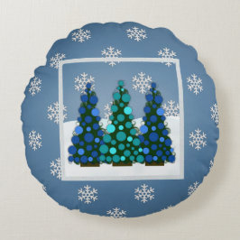 Snowy Blue Christmas Tree Round Pillow Rundes Kissen