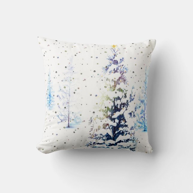Snowy Blue Christmas Tree Square Pillow Kissen (Vorderseite)