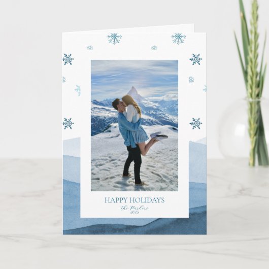 Snowy Blue Holiday Foto Card Einladung (Vorderseite)