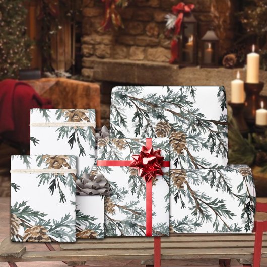 Snowy Blue Juniper Tree Branch & Pine Tree Cones W Geschenkpapier