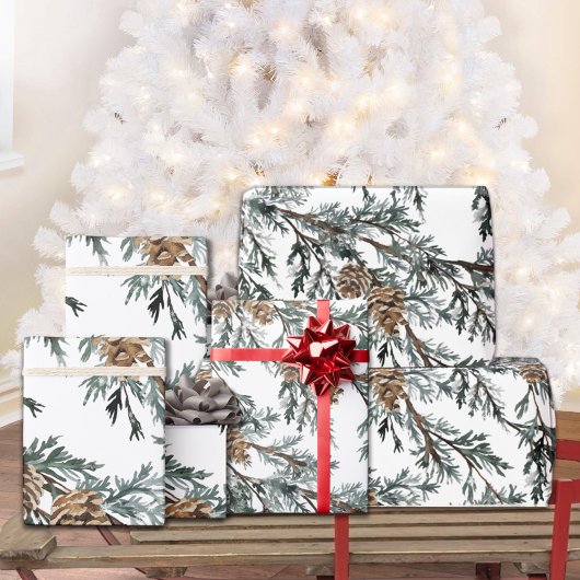 Snowy Blue Juniper Tree Branch & Pine Tree Cones W Geschenkpapier