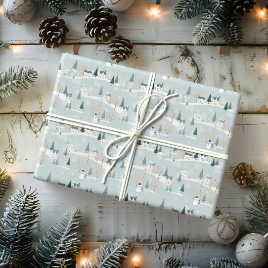 Snowy Blue Minimalistisch Christmas Village Geschenkpapier