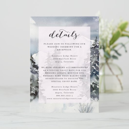 Snowy Blue Mountain Watercolor Rustikale Detailkar Einladung (Stehend Vorderseite)