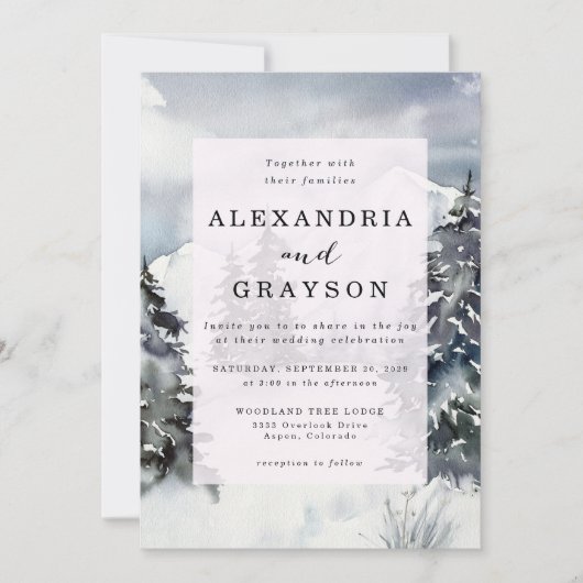 Snowy Blue Mountain Watercolor Rustikale Hochzeit Einladung (Vorderseite)