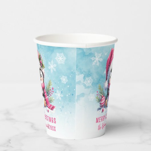 Snowy Blue und Pink Niedlich Pinguin Frohe Weihnac Pappbecher (Rechts)