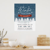 Snowy Blue Winter Festival Bäume & Hirsche Event Poster (Küche)
