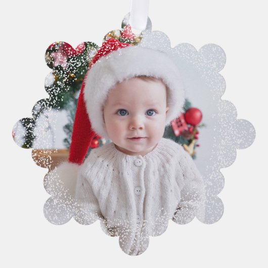 Snowy border simple one photo red Merry Christmas Ornament Karte (Vorderseite)