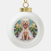 Snowy Bridge Boykin Spaniel Christmas Art Keramik Kugel-Ornament (Vorderseite)