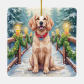 Snowy Bridge Boykin Spaniel Christmas Art Keramikornament (Rückseite)