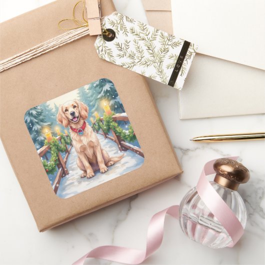 Snowy Bridge Boykin Spaniel Christmas Art Quadratischer Aufkleber (Schenken)