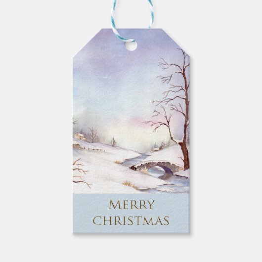 Snowy Bridge Wasserfarbe Landschaftsbild Malerei Geschenkanhänger (Vorderseite)