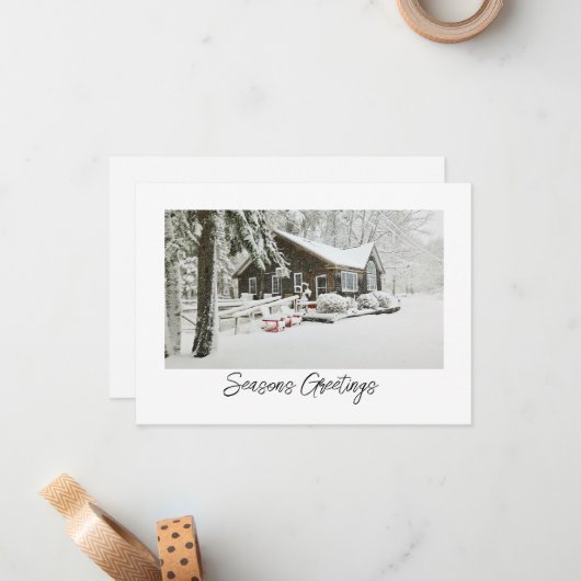 Snowy Cabin Christmas Card Mitteilungskarte (Vorderseite/Rückseite Beispiel)