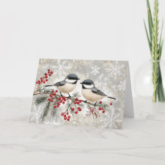 Snowy Chickades auf Evergreen mit Berries Karte