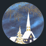 Snowy Christmas Church Amen Stickers<br><div class="desc">Vintage Szene einer schneebedeckten Kirche in einer mondbeleuchteten Nacht mit funkelnd Ästen im Vordergrund auf diesen Weihnachtsaufklebern.</div>