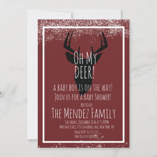 Snowy Christmas Deer Kariert Baby Dusche Einladung (Vorderseite)
