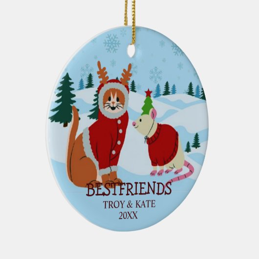 Snowy Christmas Friends – Cat and Rat Holiday Keramik Ornament (Rechts)
