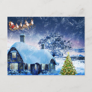 Snowy Christmas House and Santa Postkarte