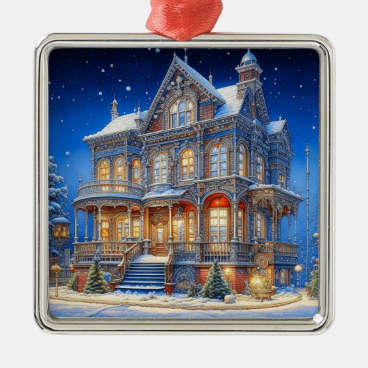 Snowy Christmas House Ornament Aus Metall (Vorne)