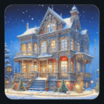 Snowy Christmas House Quadratischer Aufkleber<br><div class="desc">Saisonales Winterhaus beleuchtet auf einem schneebedeckten nächtlichen Weihnachtsaufkleber.</div>