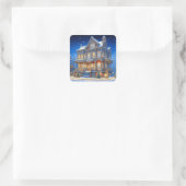 Snowy Christmas House Quadratischer Aufkleber (Tasche)