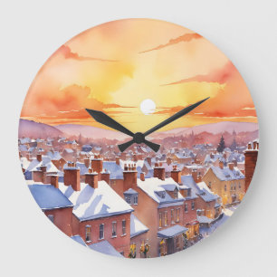 Snowy Christmas Morning Sunrise Große Wanduhr